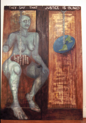 Justice (Blind Side), 1994, Oil on wood doors, 6'5.5" h x 4.5'w, Eleanor Ruckman

A double-sided, free-standing piece painted on hinged doors.
They say that Justice is blind.  My Justice can see.

