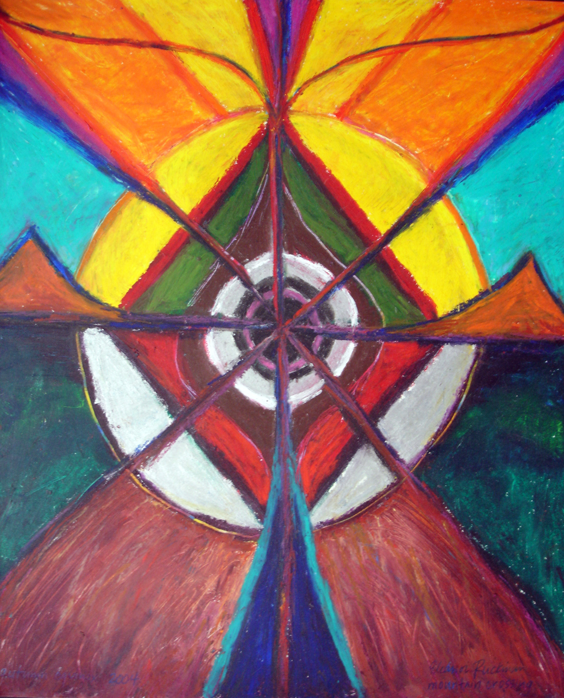 Mountain Crossing, Fall 2004
Oil pastel on paper, 17”h x 13.5”w, Eleanor Ruckman

Created during Meinrad Craighead’s art and ritual retreat, Albuquerque, New Mexico. 
